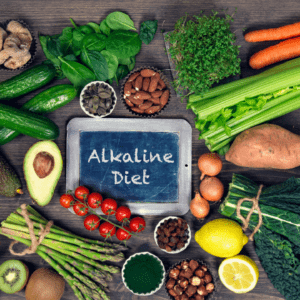 Alkaline diet foods: fruits and vegetables array.