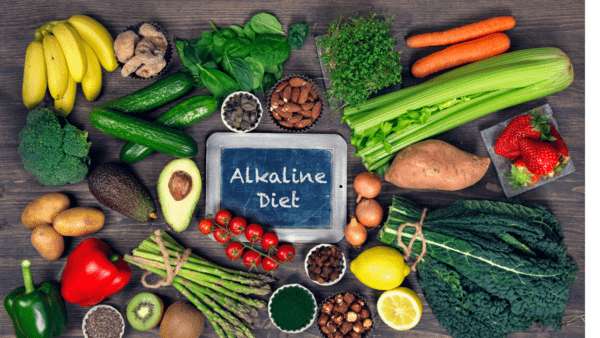 Alkaline diet foods: fruits and vegetables array.