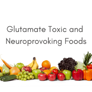 Fruits and vegetables with glutamate warning.